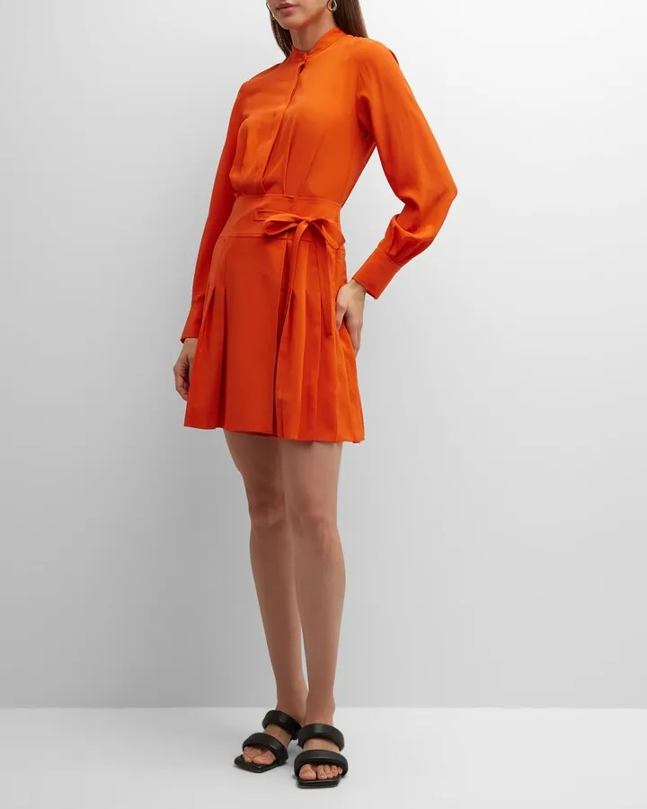 Pleated Band-Collar Long-Sleeve Shirtdress