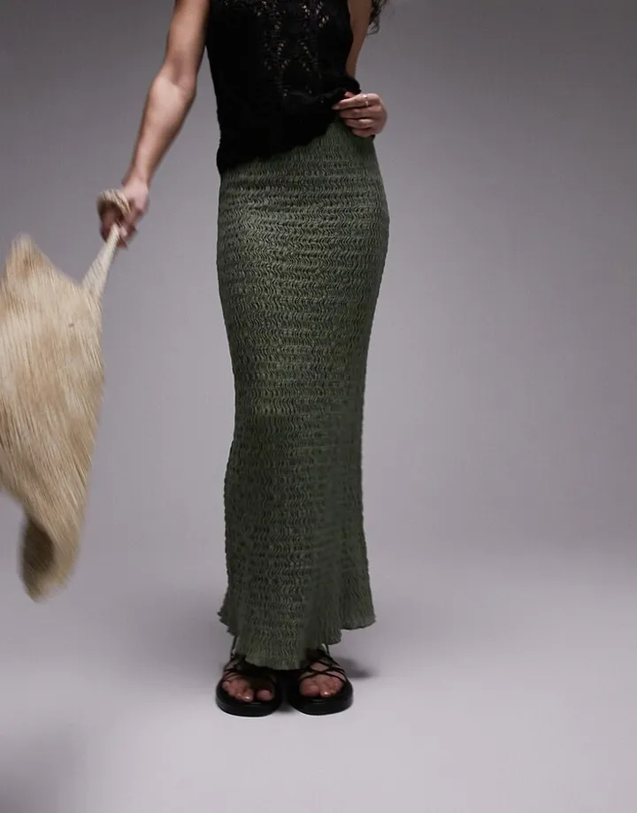 Topshop textured midi skirt in khaki