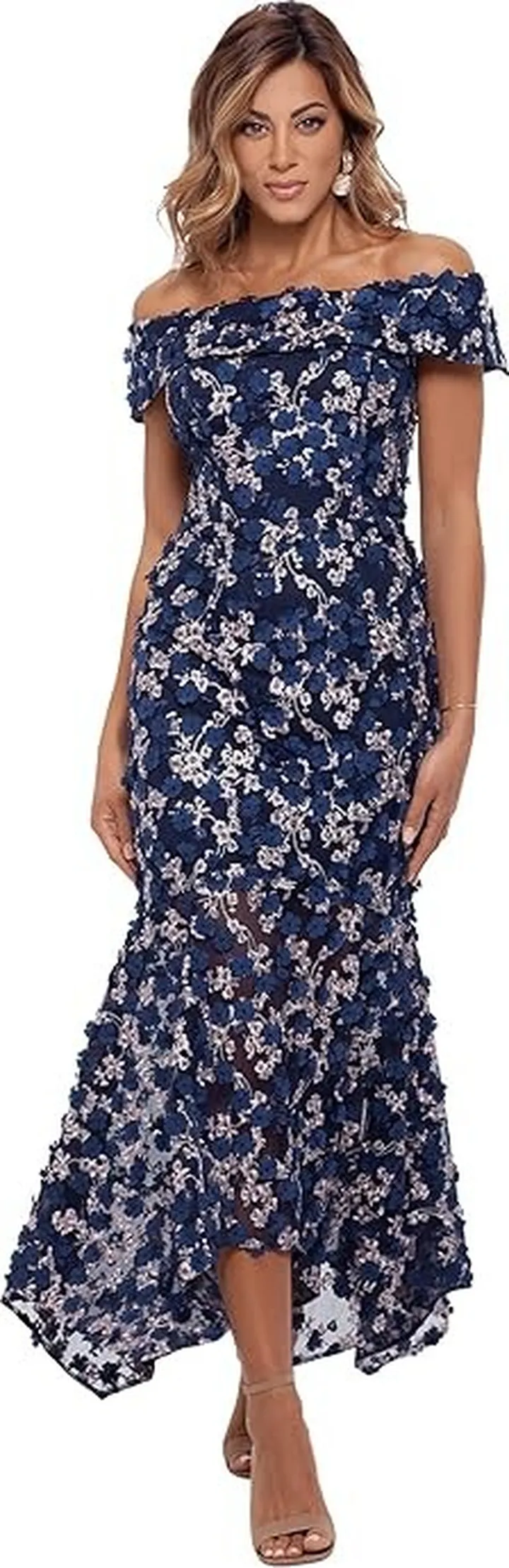 XSCAPE Midi Raised Flower Off-the-Shoulder Flounce (Blue Multi) Women's Clothing