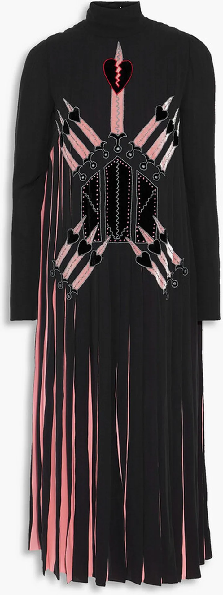 Appliquéd pleated silk crepe de chine turtleneck midi dress