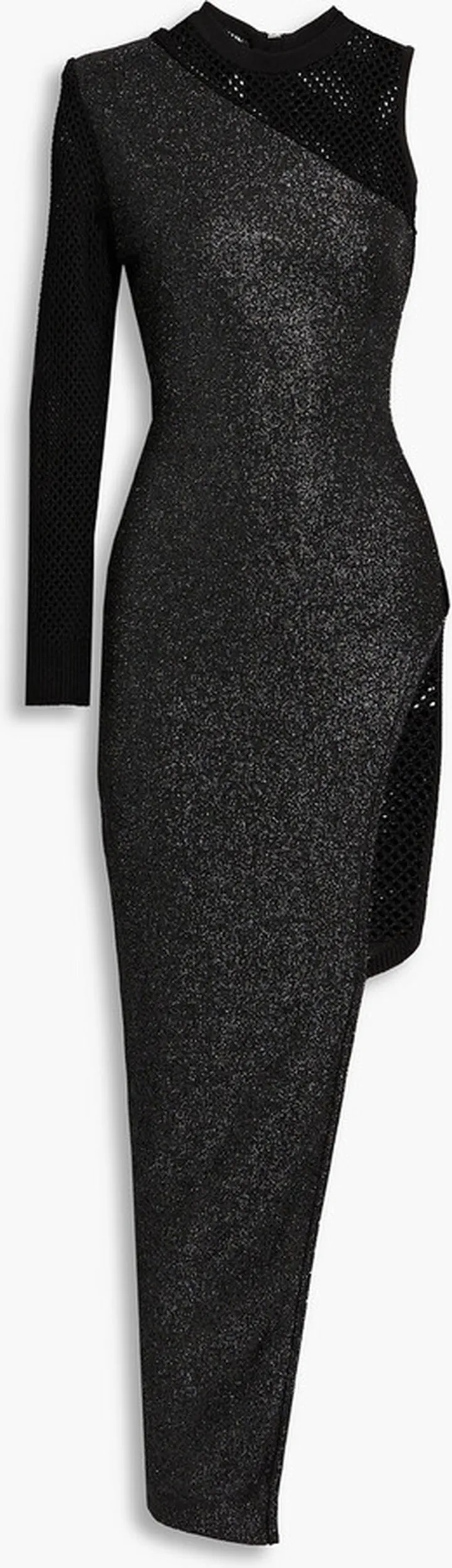 One-sleeve crochet-paneled metallic knitted dress