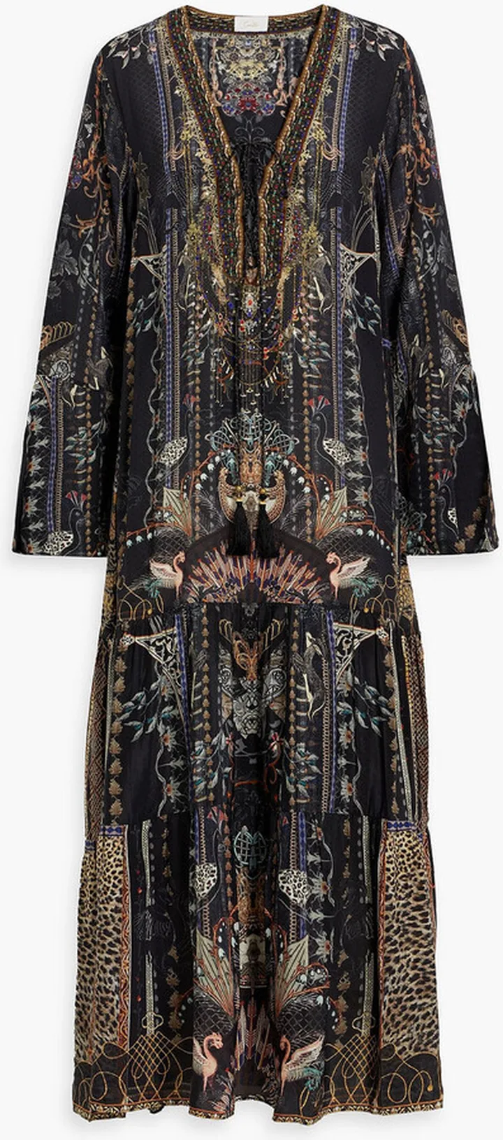 Embellished lace-up printed silk crepe de chine maxi dress
