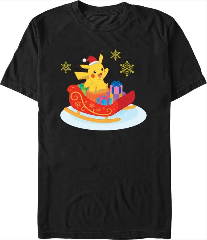 Men's Pokemon Christmas Pikachu Sleigh T-Shirt - Black - Large