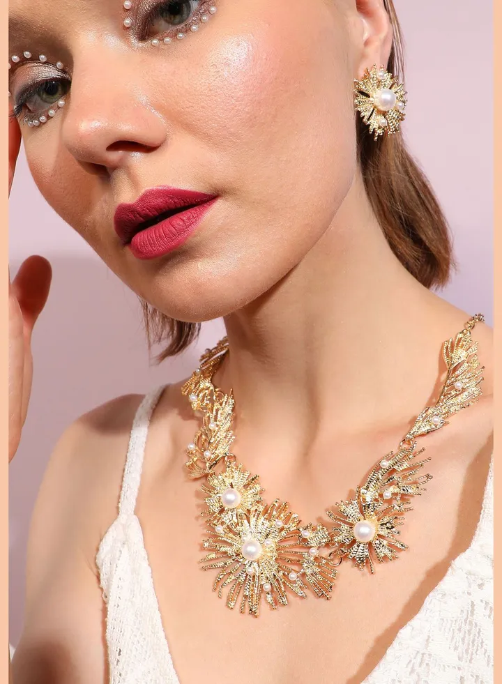 Gold Plated Designer Party Necklace and Earring Set For Women