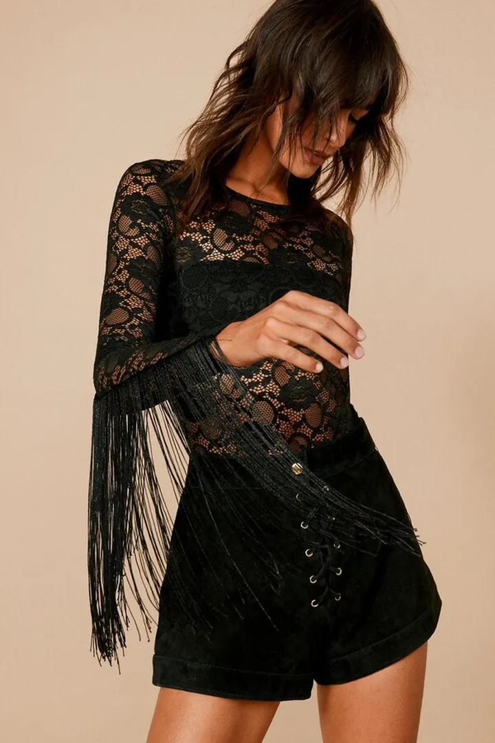 Nasty Gal Womens Lace Fringed Bodysuit