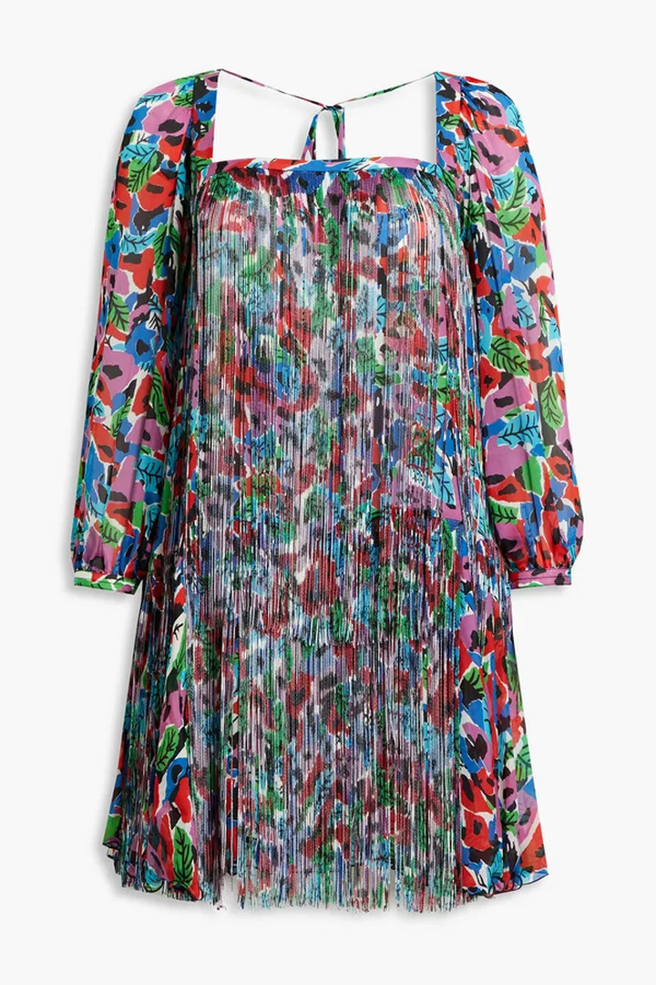 Fringed floral-print silk chiffon mini dress