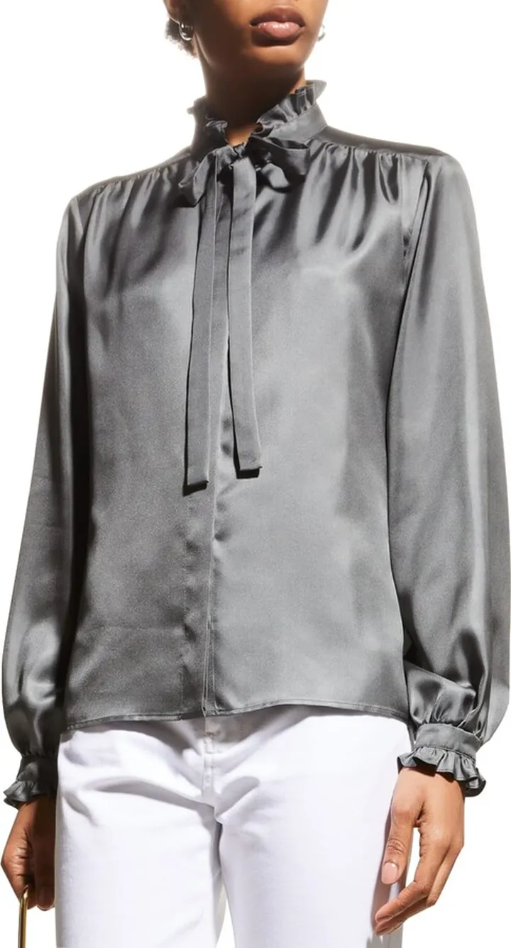 Lindsey Ruffle Tie-Neck Twill Blouse
