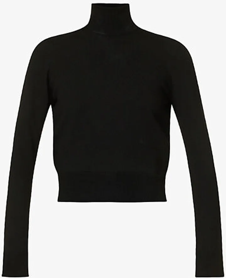 Womens Black Turtleneck Brand-embroidered Wool-blend Jumper