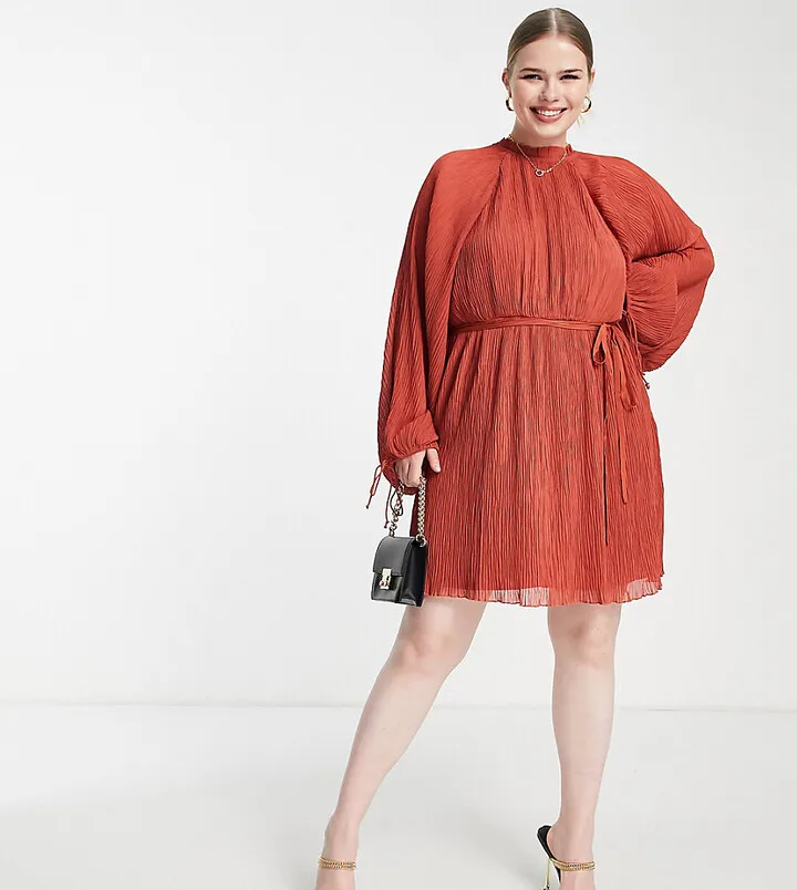 ASOS DESIGN high neck plisse mini dress with blouson sleeve and tie detail