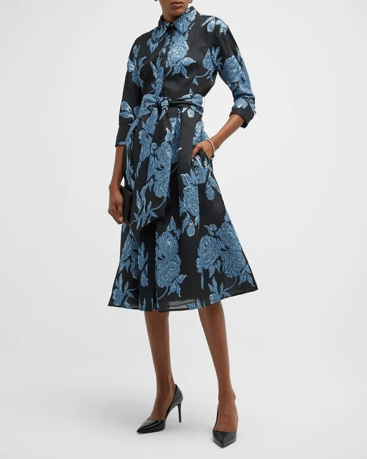 Metallic Jacquard Belted Shirtdress