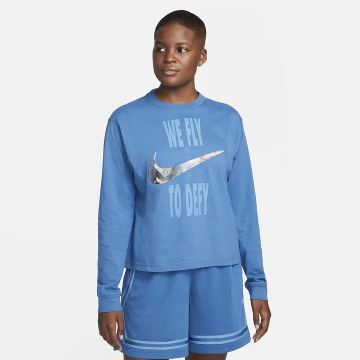 Nike Women's Swoosh Fly Boxy Long-Sleeve T-Shirt in Blue