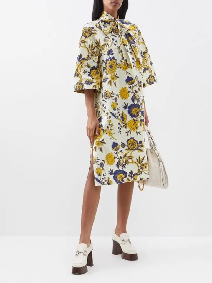Floral-print Bow-neck Cotton Poplin Midi Dress