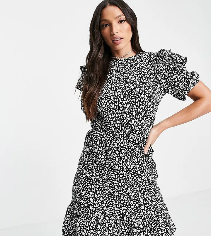 Topshop Tall mono ruffle shoulder mini dress