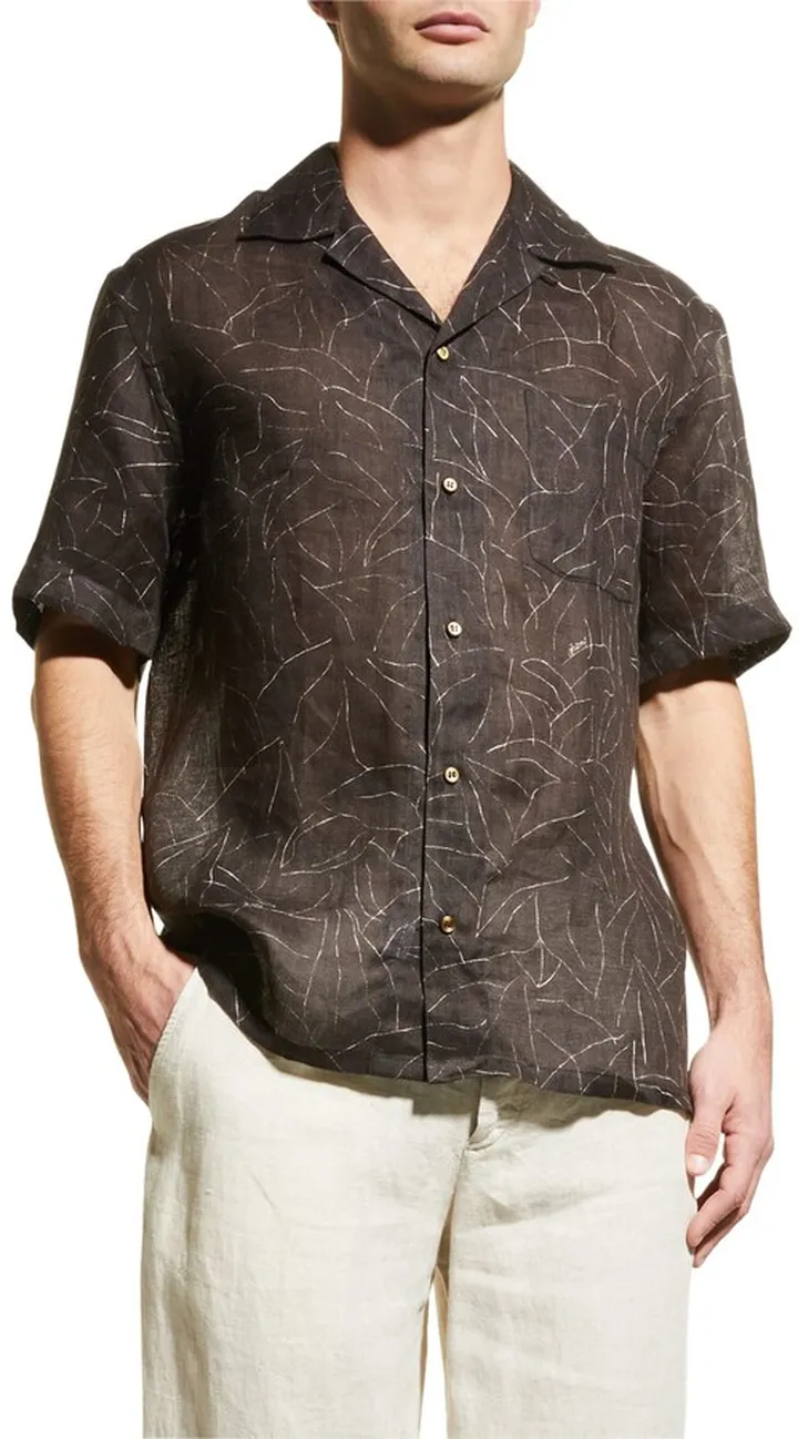 Men's Linen Foliage-Print Sport Shirt