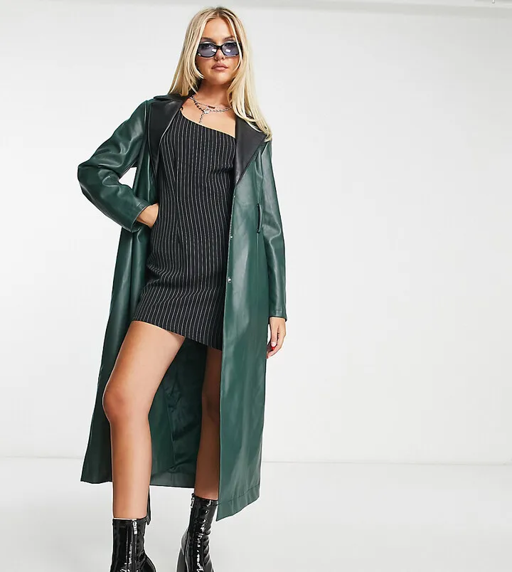 COLLUSION faux leather trench coat in dark green with black details