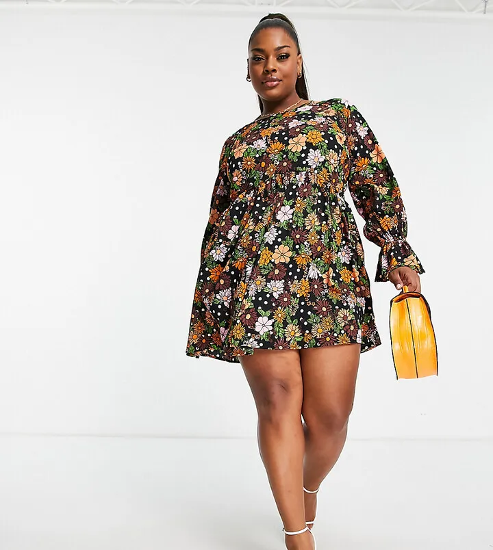 Simply Be smock mini dress in orange floral
