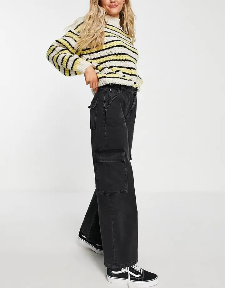 ASOS DESIGN cotton blend low rise 'cargo' jean in washed black - BLACK