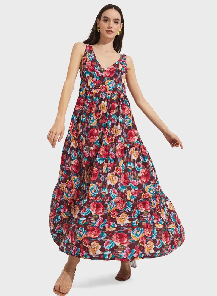 V-Neck Floral Strappy Dress