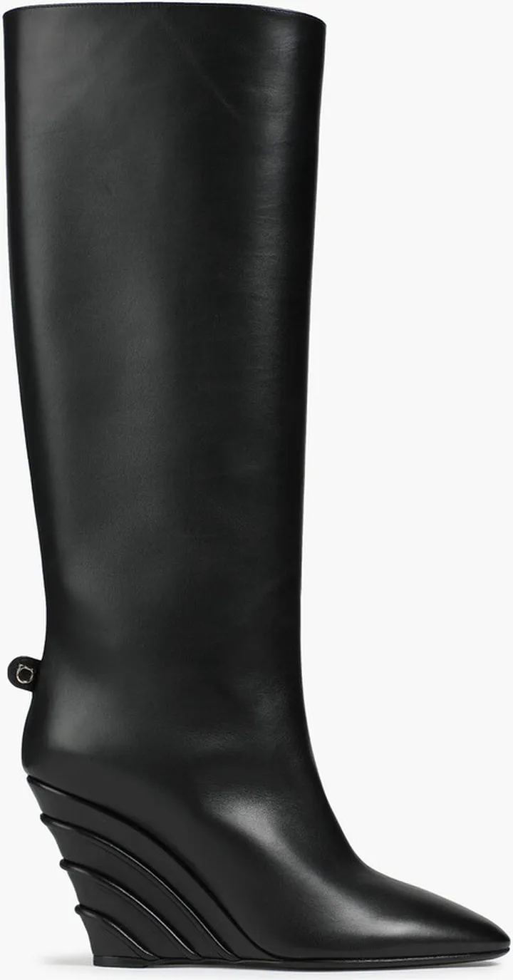 Leather wedge knee boots