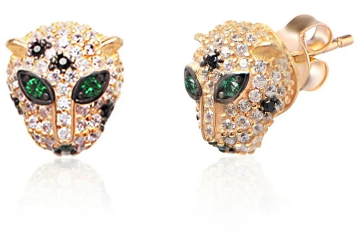 14K Yellow Gold Vermeil Pave CZ Panther Stud Earrings