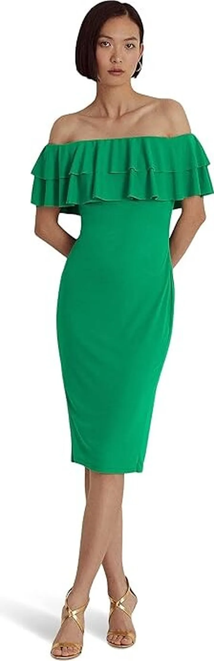 LAUREN Ralph Lauren Jersey Off-the-Shoulder Cocktail Dress (Palm Leaf) Women's Clothing