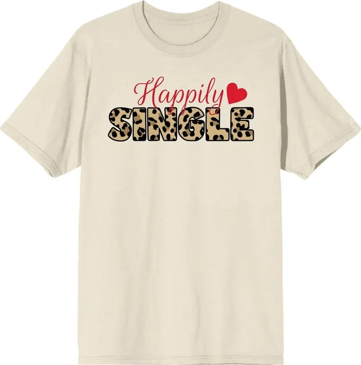 Valentine’s Day Happily Single Crew Neck Short Sleeve Natural Women’s T-shirt-XXL
