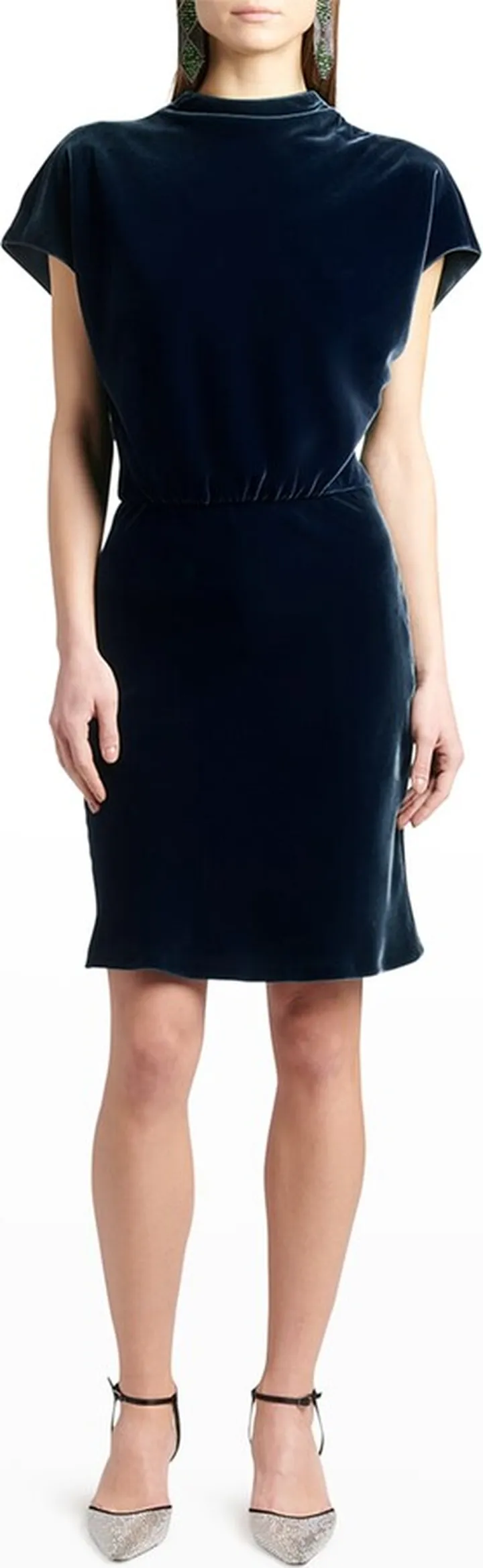 Draped Cap-Sleeve Velvet Dress