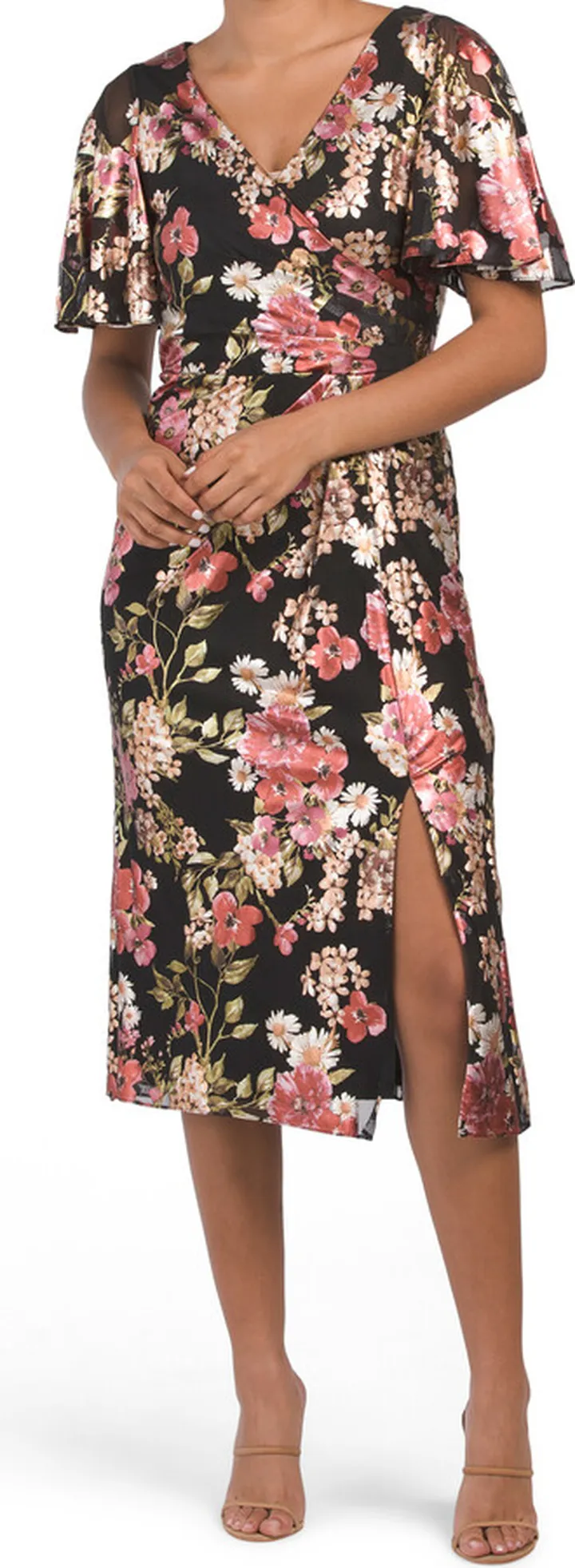 Drape Sleeve Floral Metallic Midi Dress
