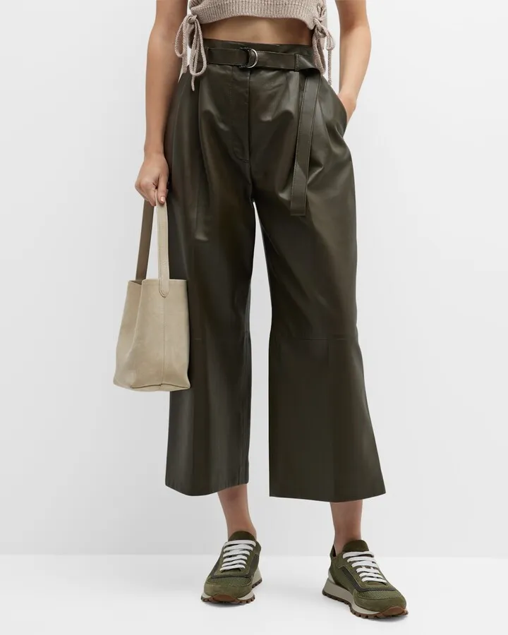 Albany Pleated Leather Wide-Leg Crop Pants