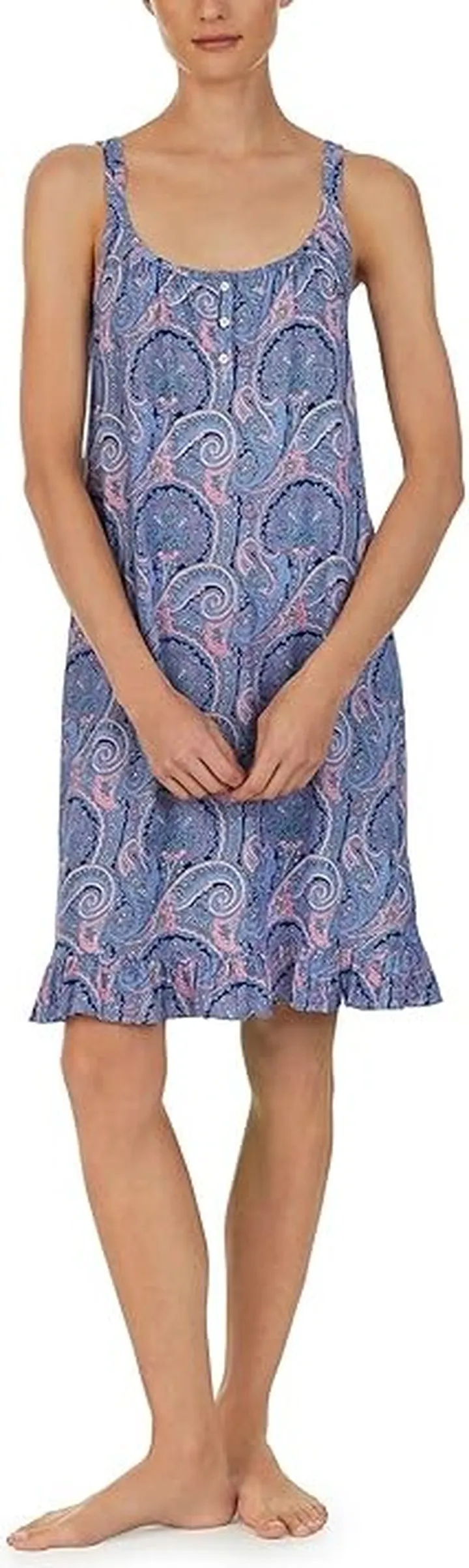 LAUREN Ralph Lauren Double Strap Button Neck Gown (Blue Paisley) Women's Pajama