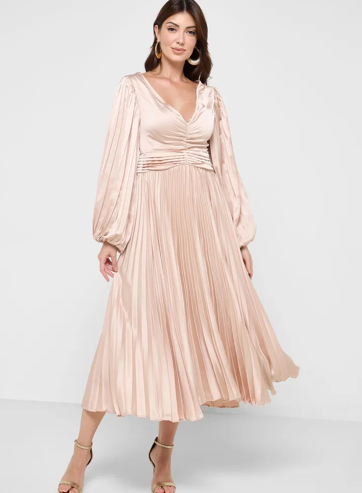 Plunge Neck Pleated Dress