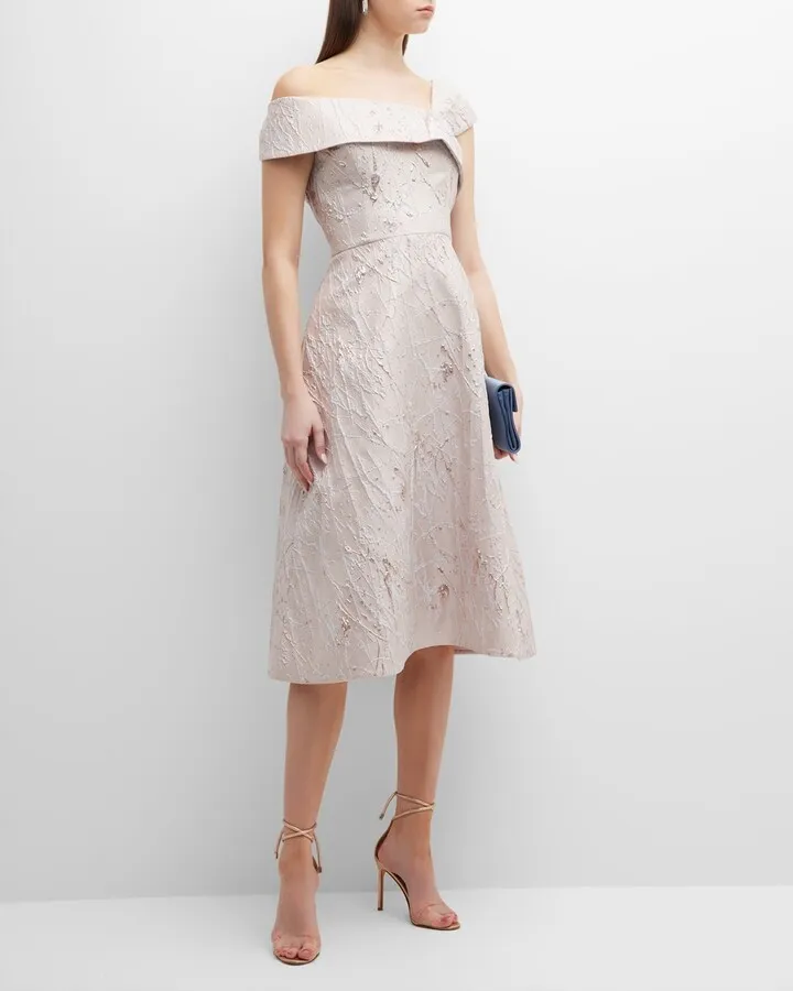 Asymmetric Metallic Jacquard Midi Dress