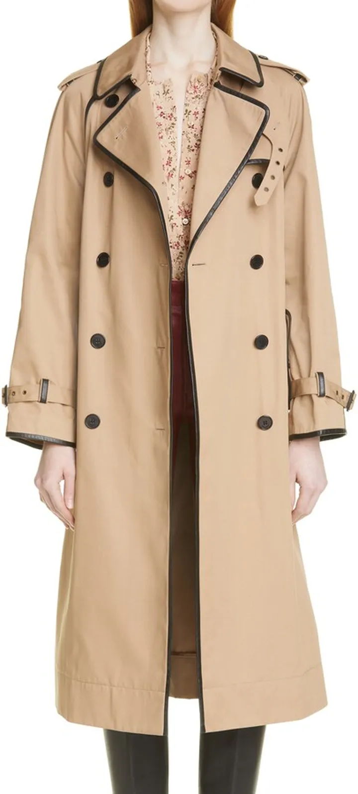 Leather Trimmed Gabardine Trench Coat