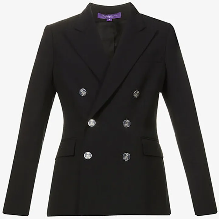 Womens Black Double-breasted Notched-lapel Wool Coat