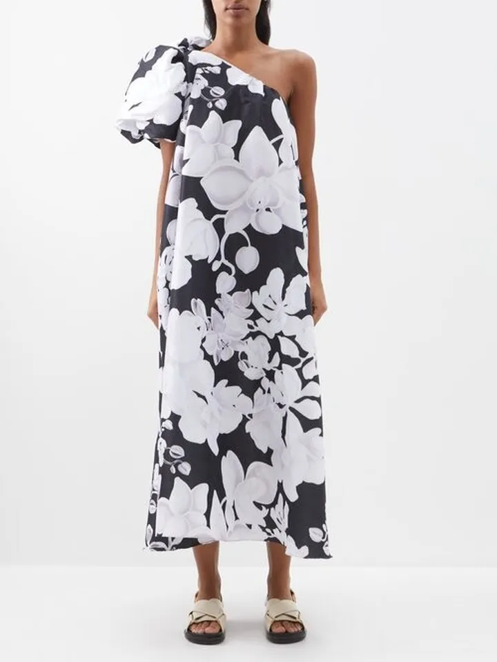 Mikaela One-shoulder Orchid-print Taffeta Dress