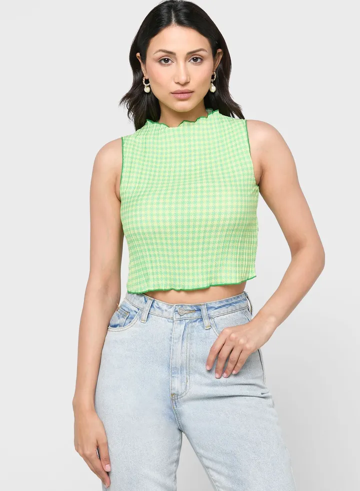 Gingham Knitted Plisse Top