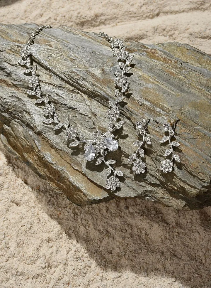 Silver Plated Designer Stone Necklace and Earring Set Jewellery Set