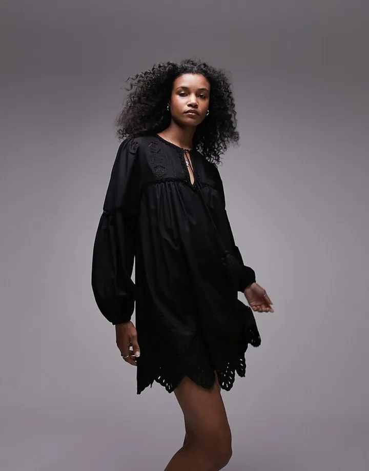 Topshop broderie tie neck mini dress in black