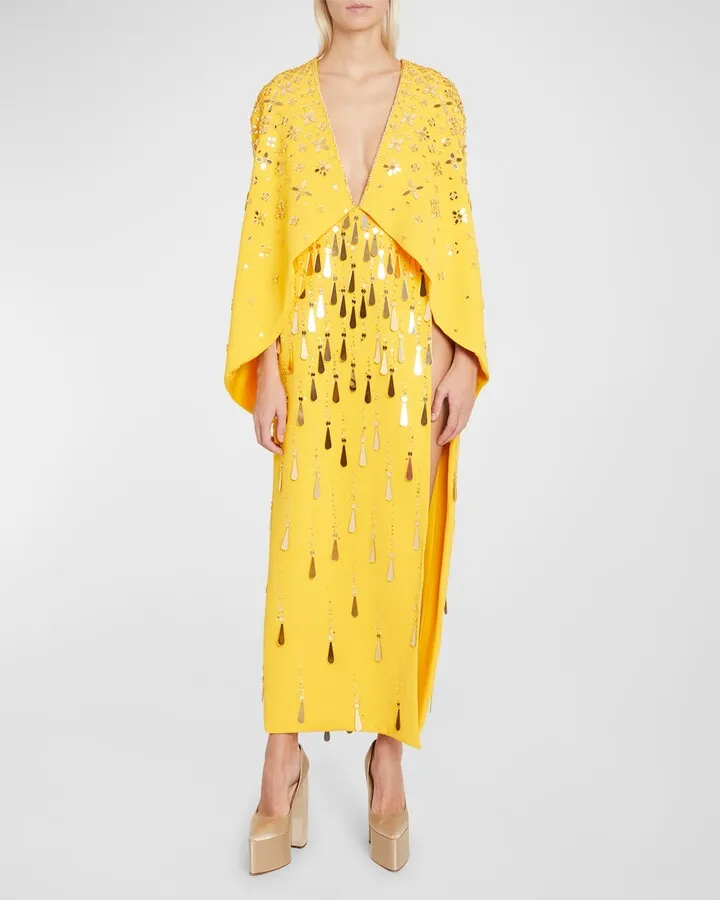 Mirror Beaded Thigh-Slit Crepe Maxi Cape Dress