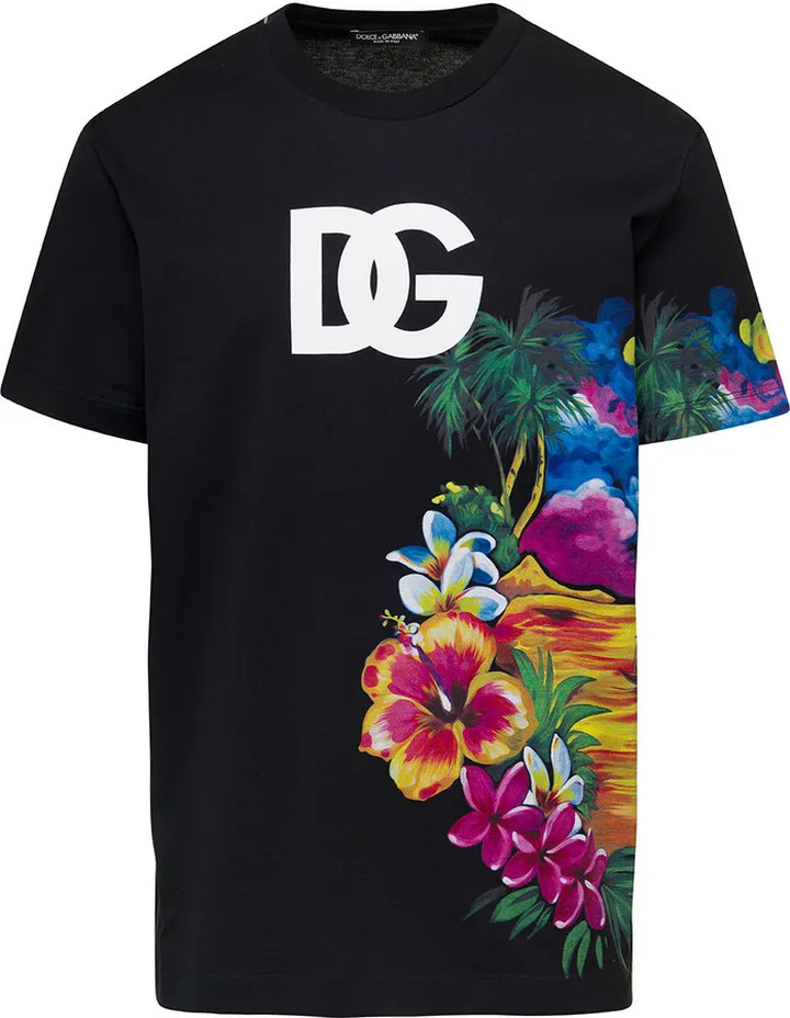 Black T-shirt With Logo On The Chest And Floreal Print In Cotton Man