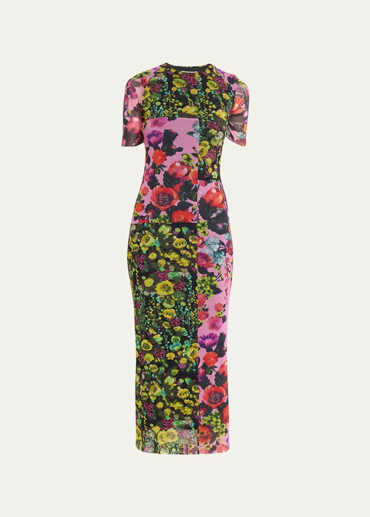 Short-Sleeve Floral-Print Tulle Midi Dress