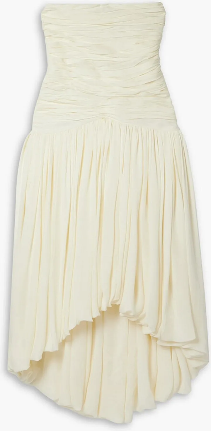 Shivani strapless asymmetric silk crepe de chine midi dress