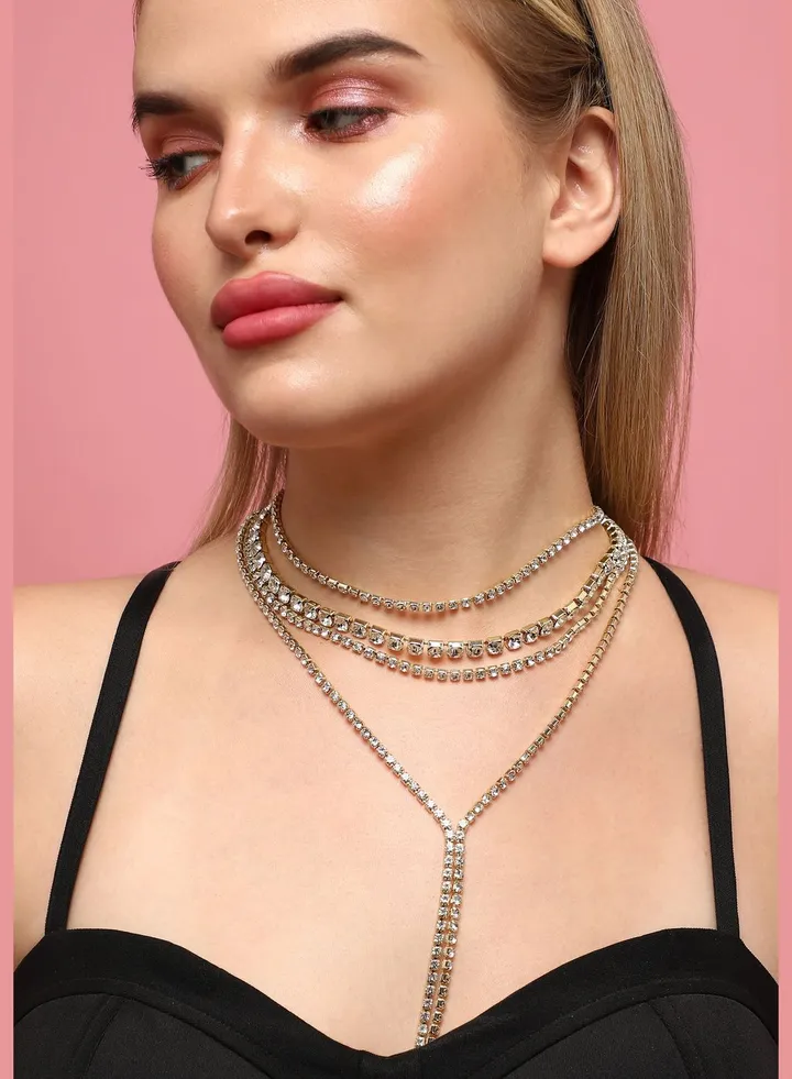4 Piece Silver Plated Designer Stone Western Wear Layered Necklace For Women