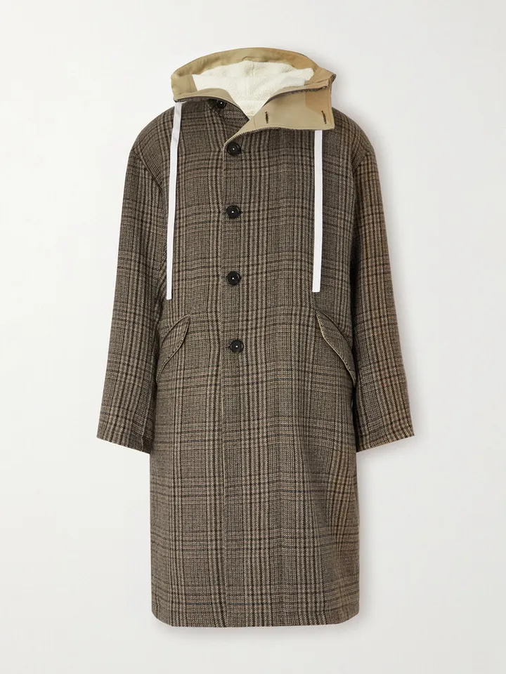 Fleece-Lined Checked Wool-Tweed Hooded Parka