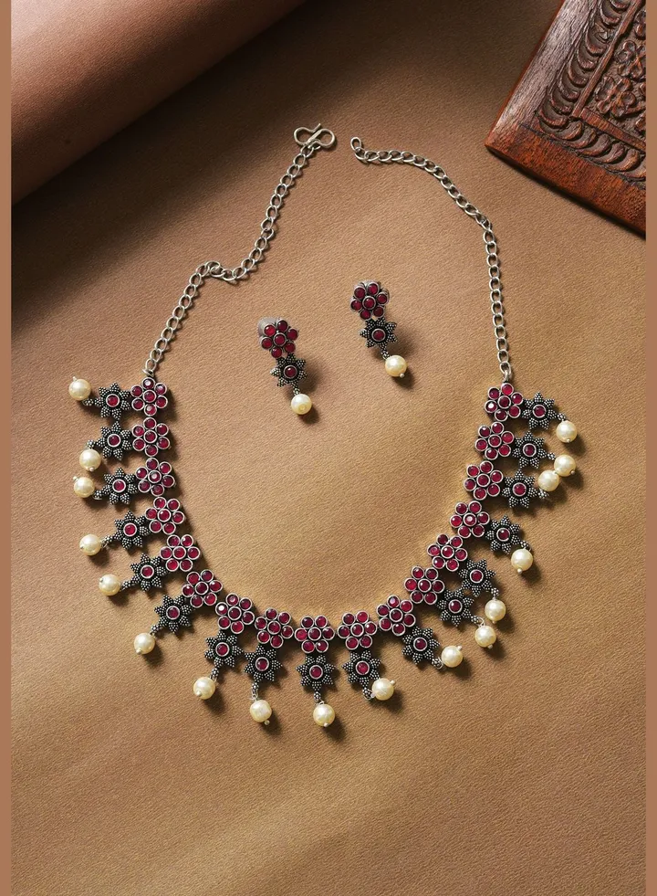 Silver Plated Designer Stone Necklace and Earring Set