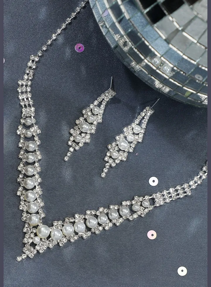 Silver Plated Designer Party Necklace and Earring Set For Women