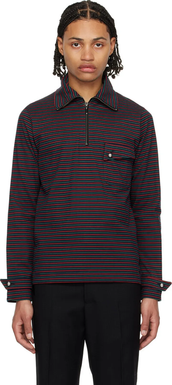 Wales Bonner Navy & Red Franco Half-Zip Sweater