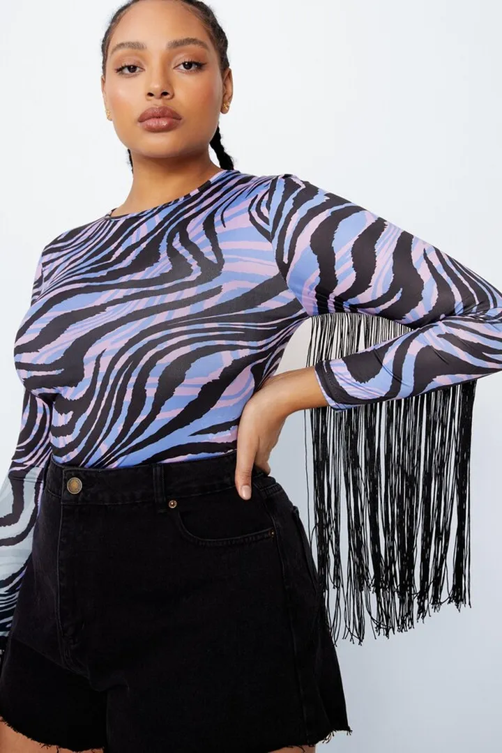 Nasty Gal Womens Plus Size Animal Print Fringe Sleeve Bodysuit