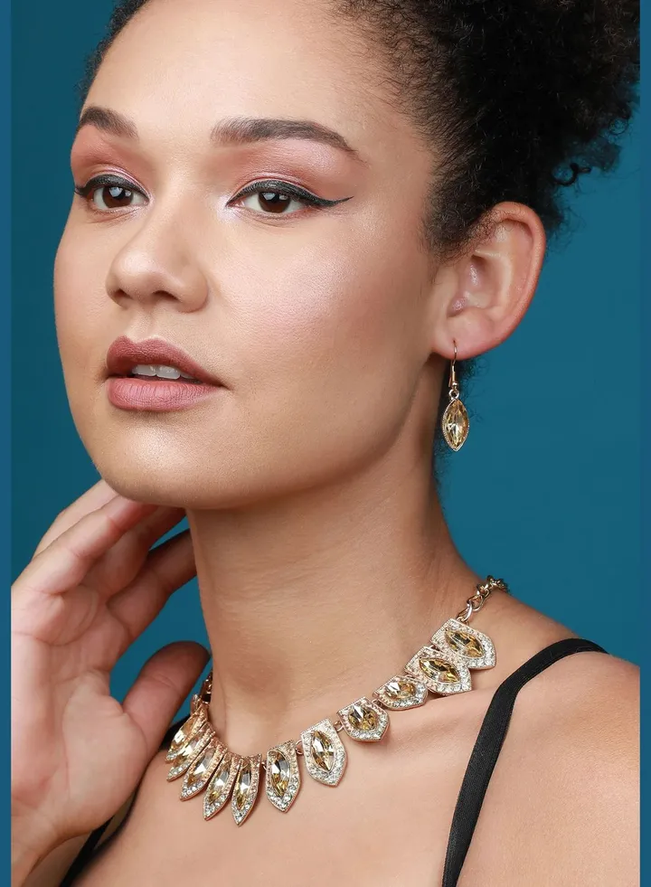 Gold Plated Designer Stone Party Wear Necklace and Earring Set For Women