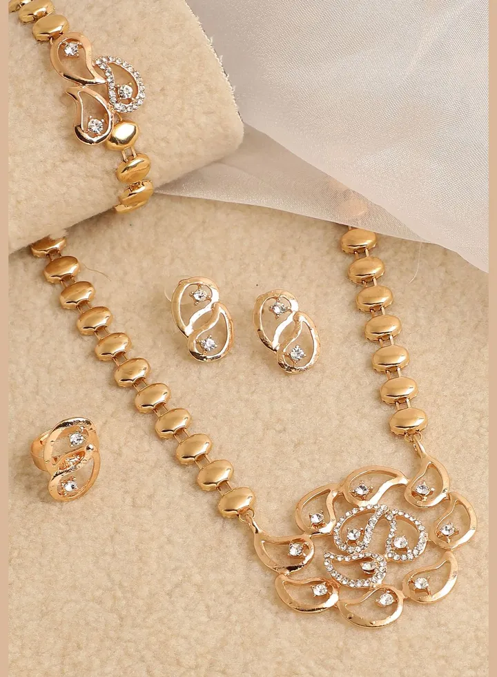 Gold Plated Designer Stone Necklace, Earring, Ring and Bracelet Set